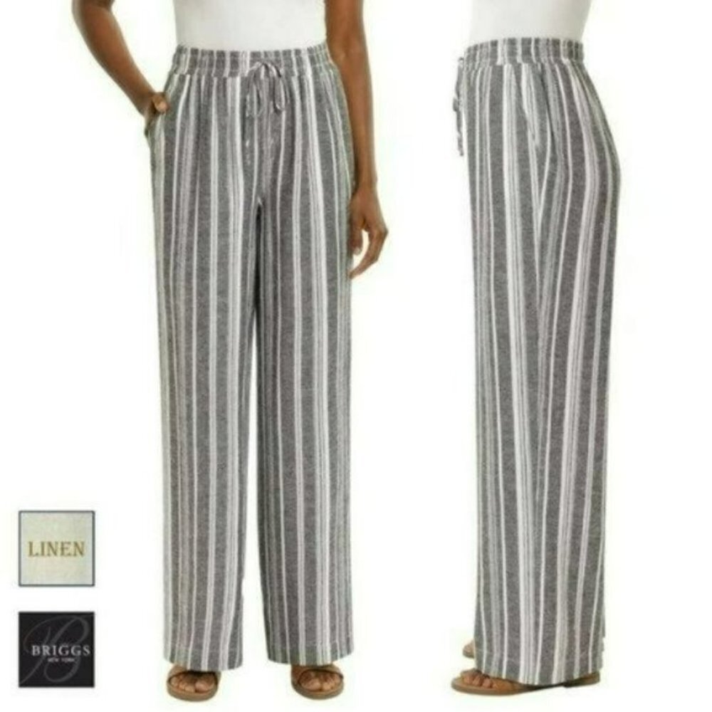 NWT Briggs Women's Wide Leg Lightweight Linen Blend 2 Pockets Striped Pants